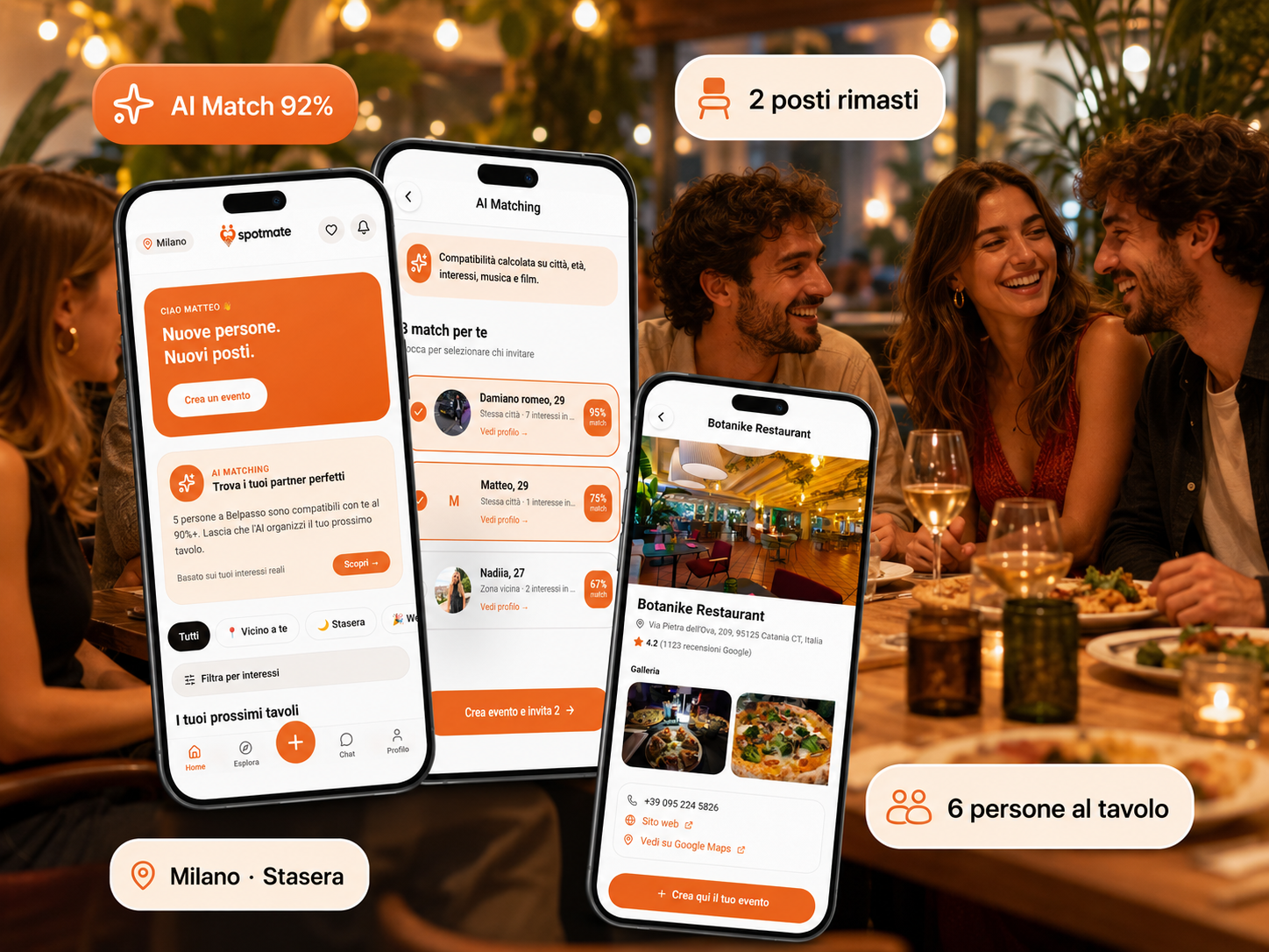 Amici che cenano in un locale con l'app Spotmate: AI Match, dettaglio locale e homepage