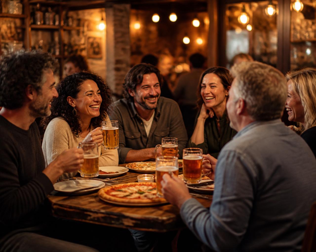 Gruppo di amici adulti che ridono attorno a un tavolo del ristorante bevendo birra e mangiando pizza
